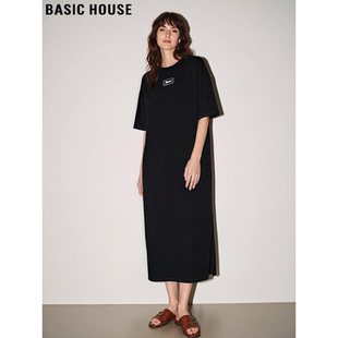 新款 Basic 连衣裙女2026春季 百家好黑色短袖 宽松直筒T恤裙 House