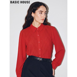 House 通勤开衫 百家好红色褶皱翻领衬衫 新款 上衣 女2026春季 Basic