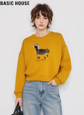 Basic House/百家好黄色刺绣圆领卫衣女士冬季宽松加厚保暖打底衫