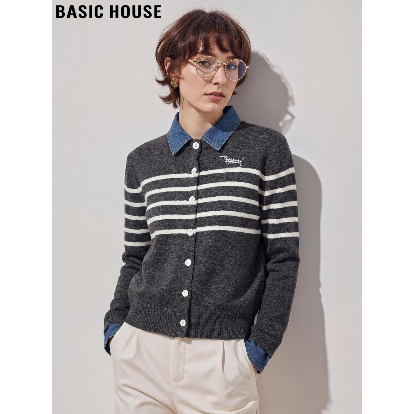 Basic House/百家好翻领牛仔假两件条纹针织开衫女士2026春季新款,女装/女士精品,毛衣,淘宝优惠券,粉丝福利购,淘宝优惠卷