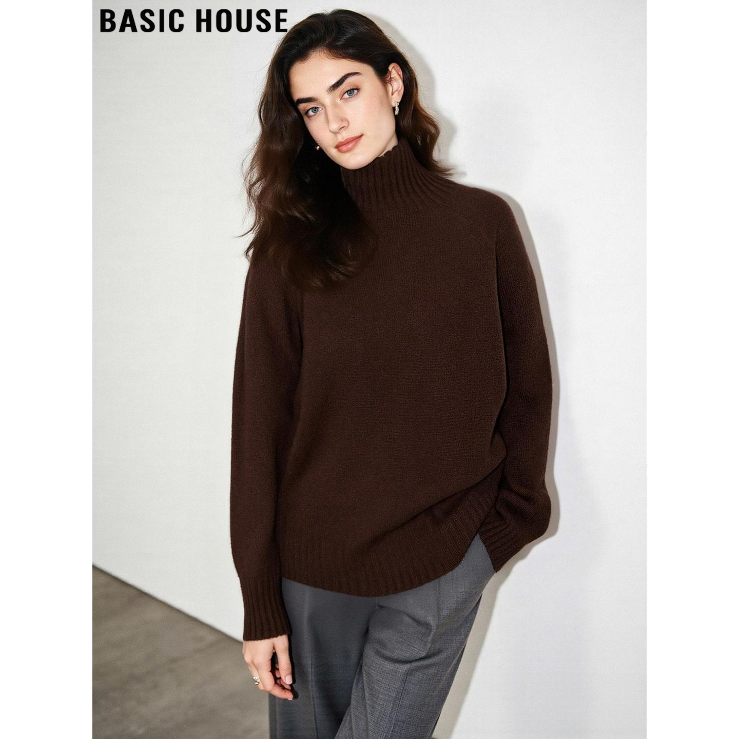 Basic House/百家好100%羊毛棕色高领针织衫女冬季美拉德加厚毛衣,女装/女士精品,毛针织衫,淘宝优惠券,粉丝福利购,淘宝优惠卷
