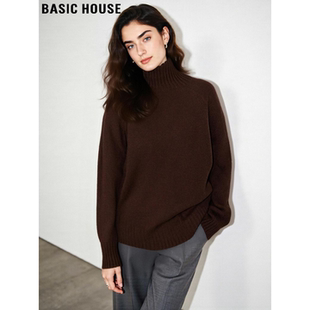 Basic House/百家好100%羊毛棕色高领针织衫女冬季美拉德加厚毛衣