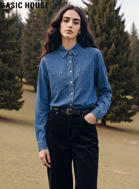 Basic House/百家好复古港味牛仔衬衫女2026春季新款叠穿长袖衬衣