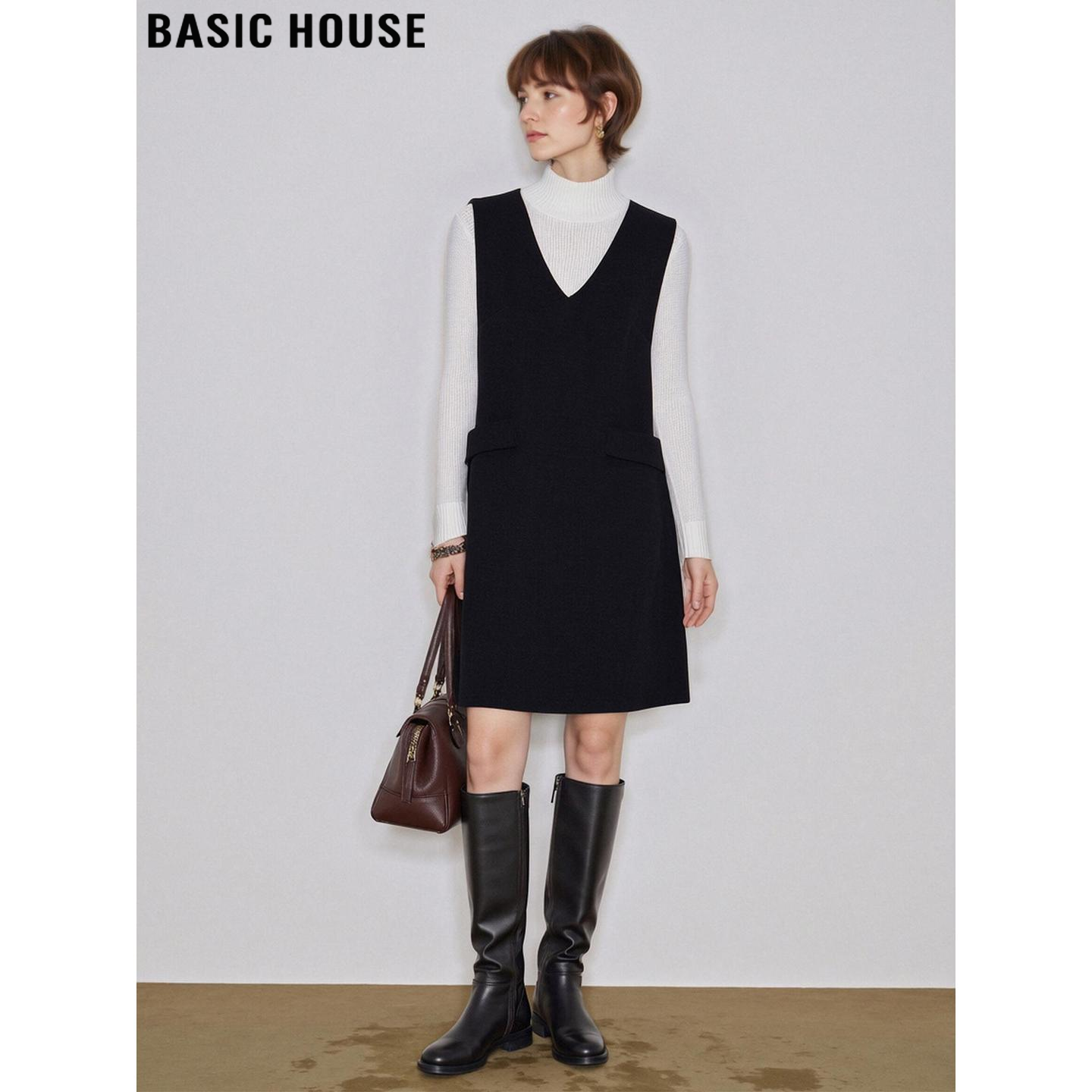Basic House/百家好黑色V领背心裙女2026春季新款毛呢无袖连衣裙