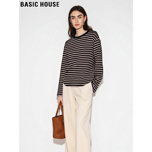 百家好美拉德咖色条纹长袖T恤女