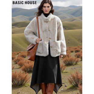 Basic House/百家好米色立领毛茸茸外套女冬加厚保暖短款环保皮草