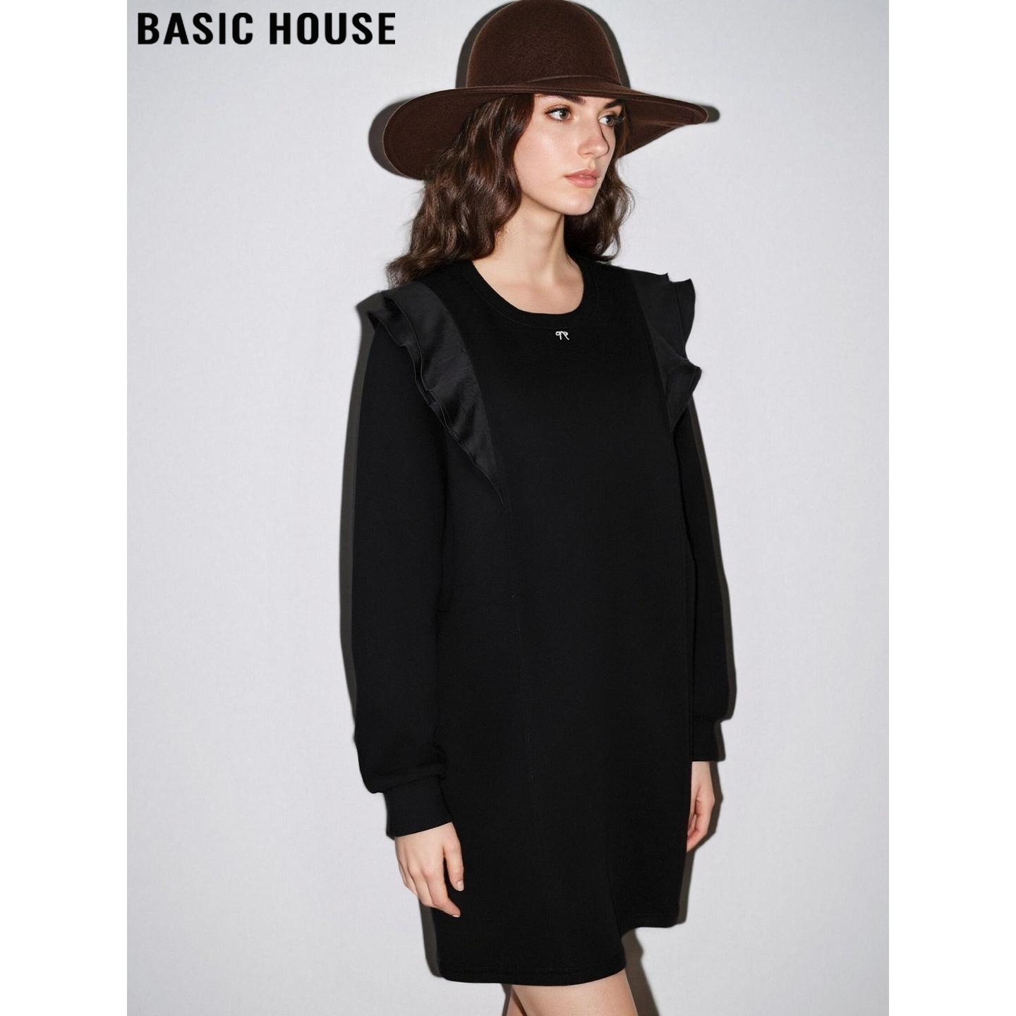 Basic House/百家好花边拼接连衣裙女2026春季新款抽绳收腰中长裙,女装/女士精品,连衣裙,淘宝优惠券,粉丝福利购,淘宝优惠卷