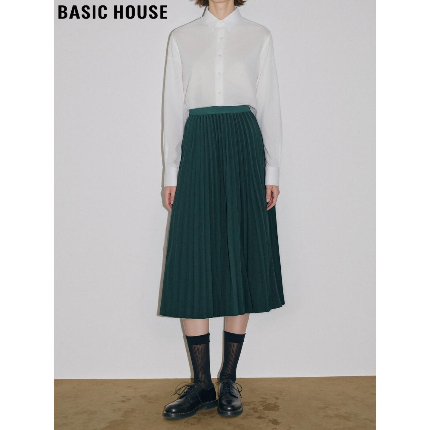 百家好复古文艺墨绿色百褶半身裙