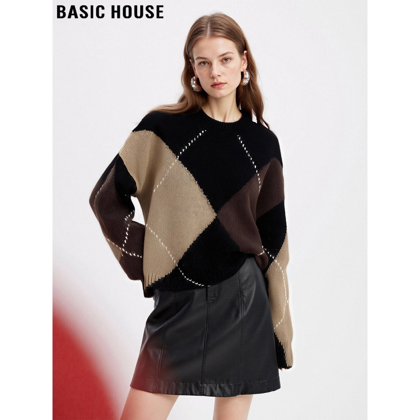 Basic House/百家好美拉德咖色菱格毛衣外套女2025秋冬新款针织衫