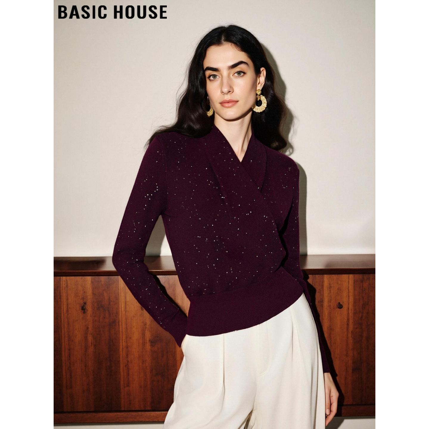 百家好含羊毛紫色亮片V领针织衫