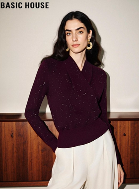 Basic House/百家好紫色亮片针织衫女2026春季新款含羊毛软糯毛衣