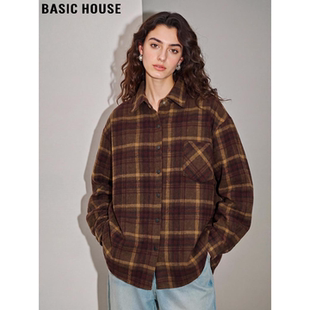 新款 Basic 女2026春季 百家好咖色格子衬衫 宽松叠穿磨毛衬衣 House