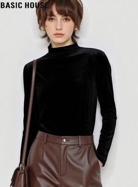 Basic House/百家好金丝绒黑色半高领打底衫女士秋冬内搭修身上衣