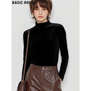 内搭修身 Basic 女士春季 百家好金丝绒黑色半高领打底衫 上衣 House