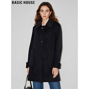 Basic House/百家好英伦风黑色毛呢外套女士冬季中长款羊毛呢大衣