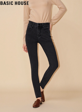 Basic House/百家好复古黑色加绒加厚烟管牛仔裤女冬季高腰小脚裤