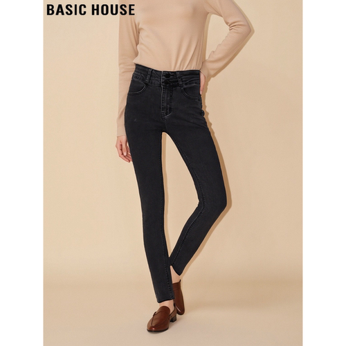 百家好复古黑色加绒烟管牛仔裤女