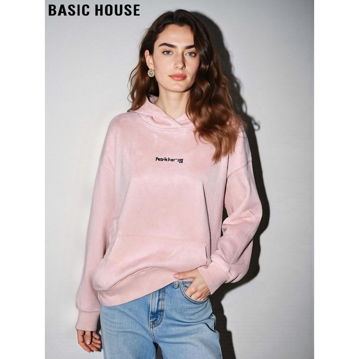 粉色刺绣连帽卫衣加厚休闲外套女