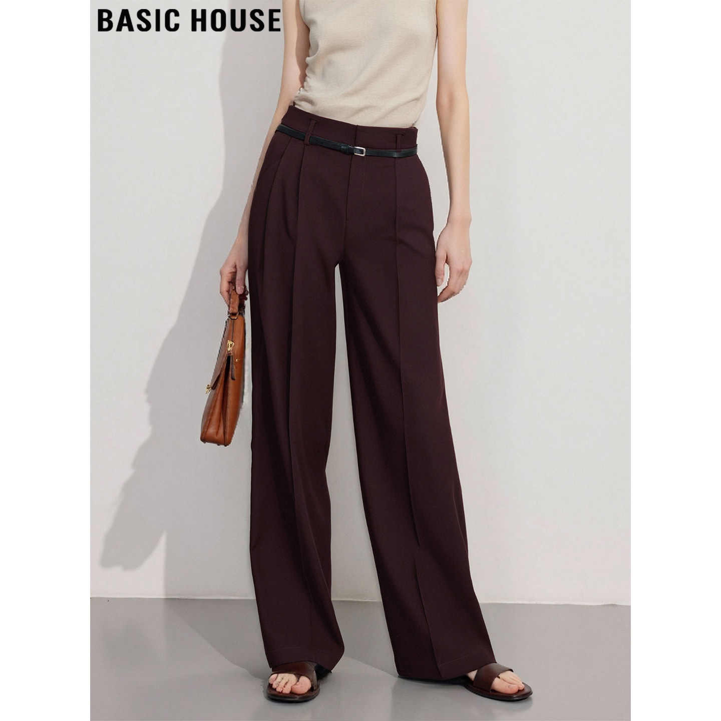 Basic House/百家好复古酒红色西装裤女冬季高腰垂感直筒拖地长裤