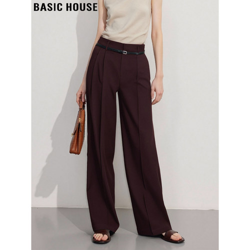 酒红色西装裤高腰垂感直筒长裤女