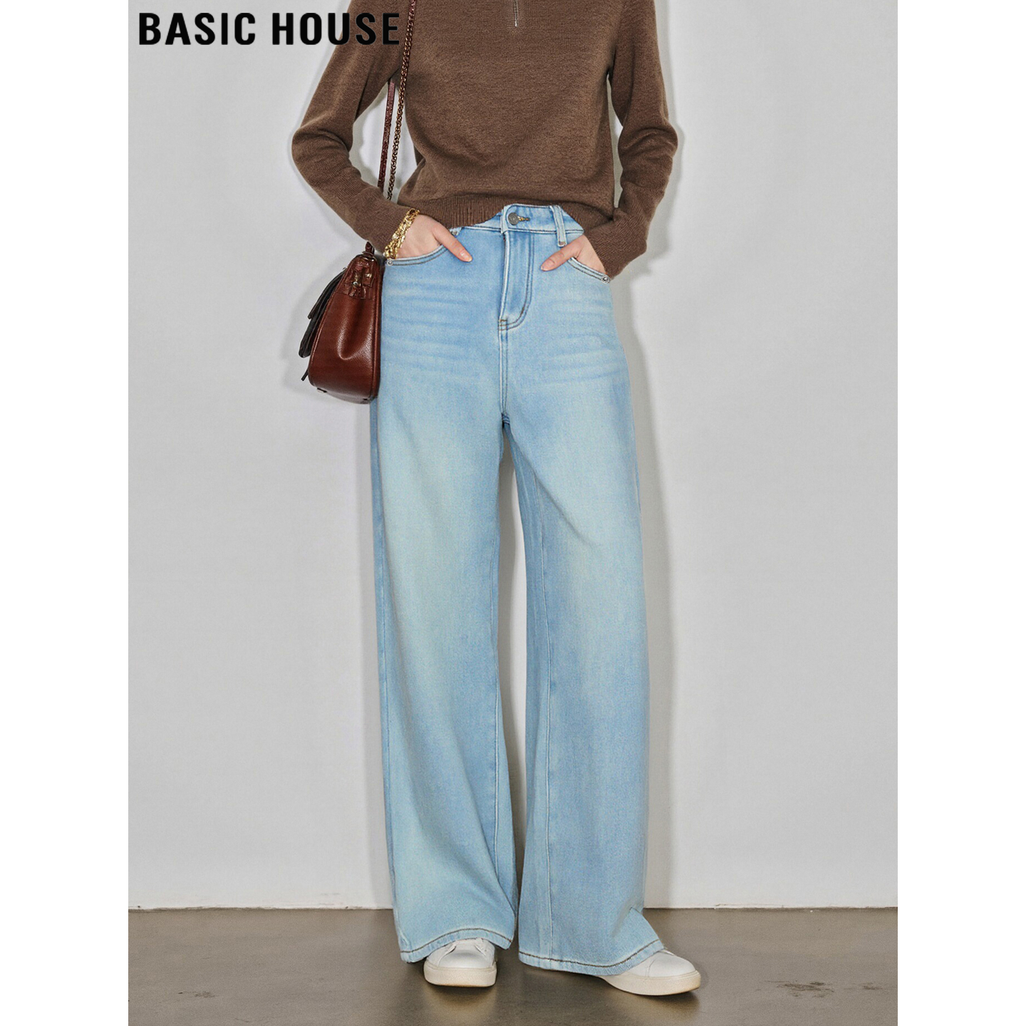 Basic House/百家好浅蓝色阔腿牛仔裤女2026春季新款大码直筒长裤