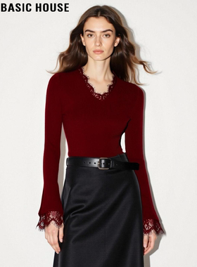 Basic House/百家好法式别致蕾丝花边V领打底衫女秋冬修身长袖T恤
