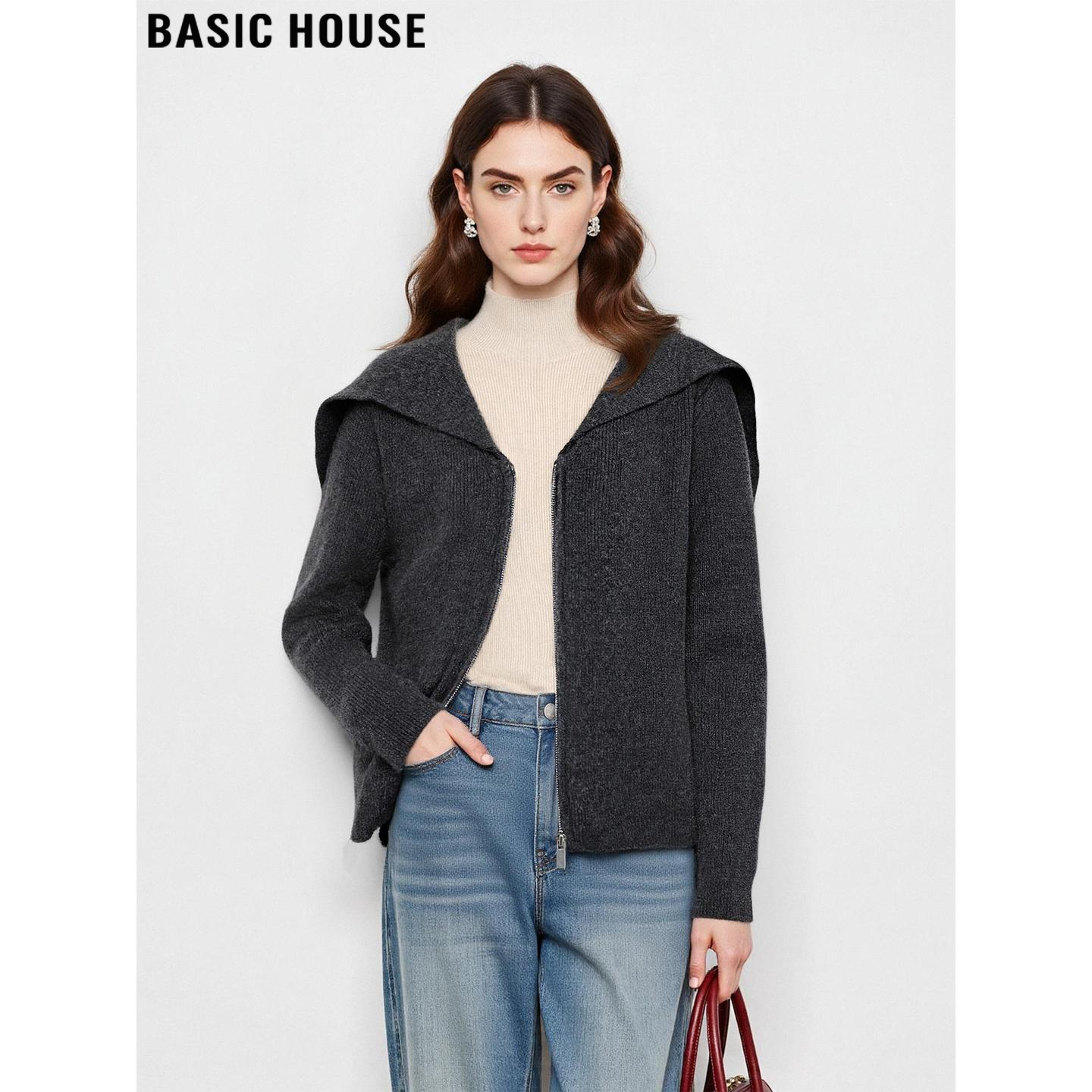 百家好灰色大披肩翻领毛衣外套女