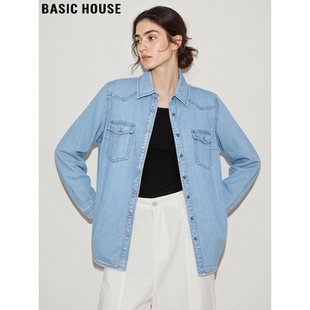 Basic House/百家好复古浅蓝色POLO领牛仔衬衫女春季外搭宽松外套