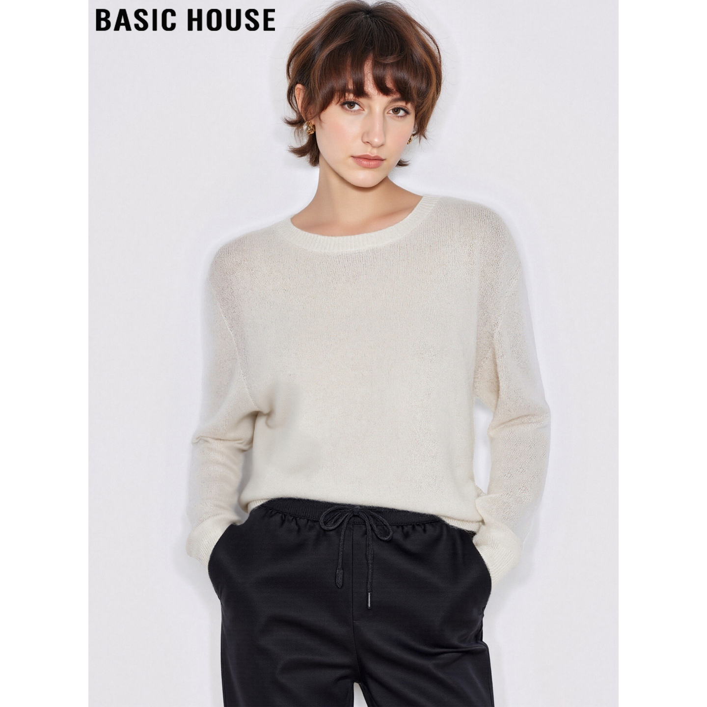 Basic House/百家好100%羊毛白色圆领针织衫女春通勤简约内搭上衣,女装/女士精品,毛针织衫,淘宝优惠券,粉丝福利购,淘宝优惠卷