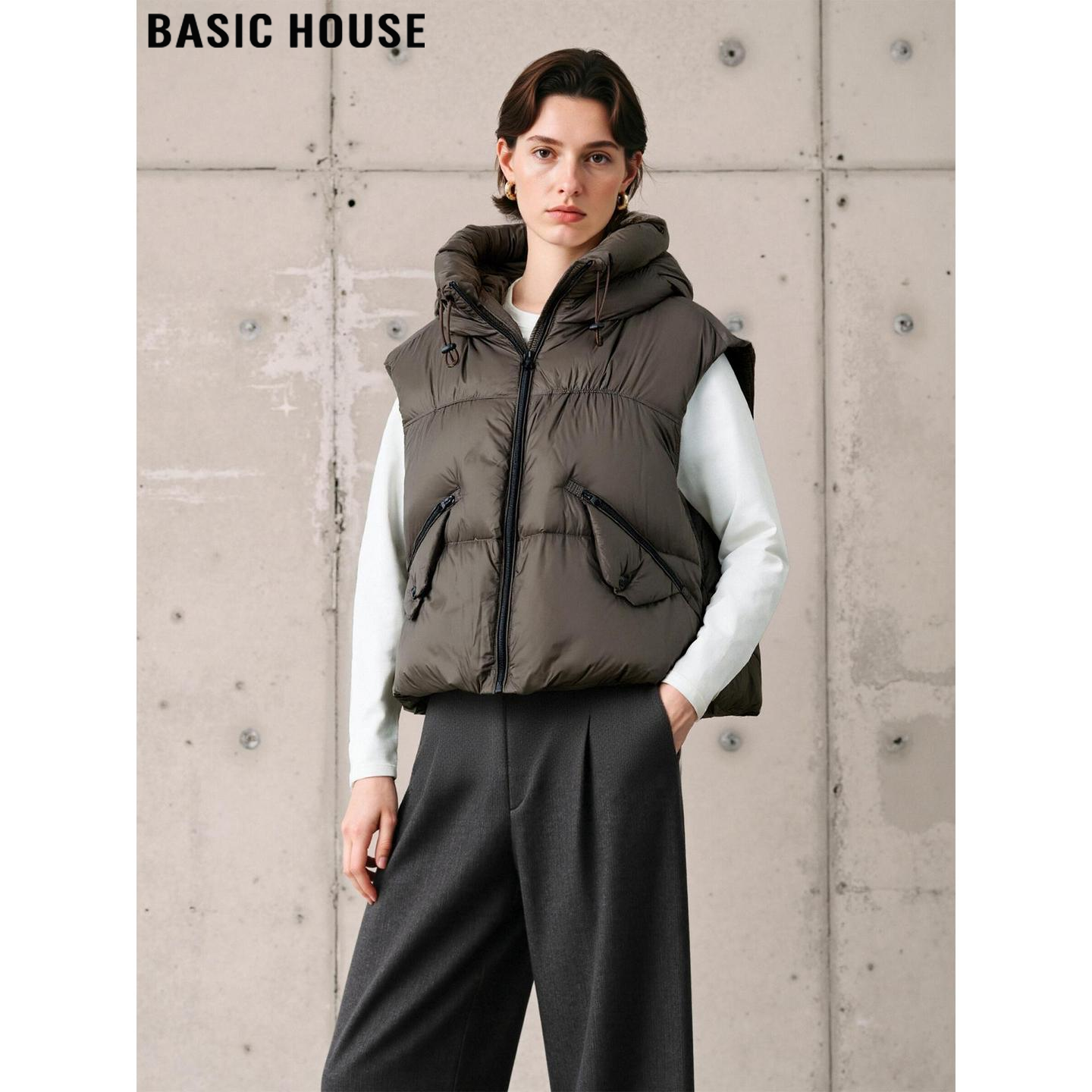 咖色连帽棉服马夹无袖马甲外套女