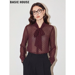 Basic House/百家好酒红色微透波点衬衫女士2026春季新款雪纺衬衣