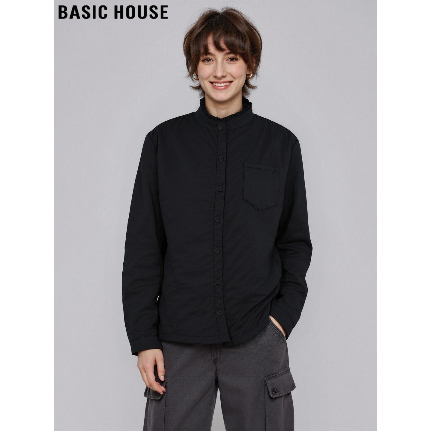 百家好黑色立领加厚衬衫外套女