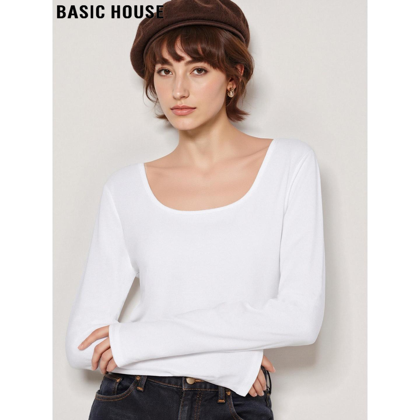百家好白色U领长袖T恤打底衫女