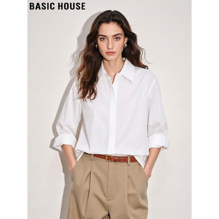 女春季 Basic 衬衫 百家好白色翻领长袖 通勤气质宽松透气上衣 House