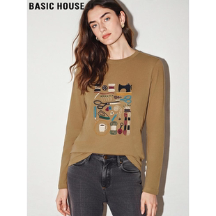 宽松打底衫 Basic T恤女春季 百家好卡其色刺绣纯棉圆领长袖 House