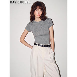 House 修身 百家好灰色天丝短袖 新款 正肩上衣 T恤女2026夏季 Basic