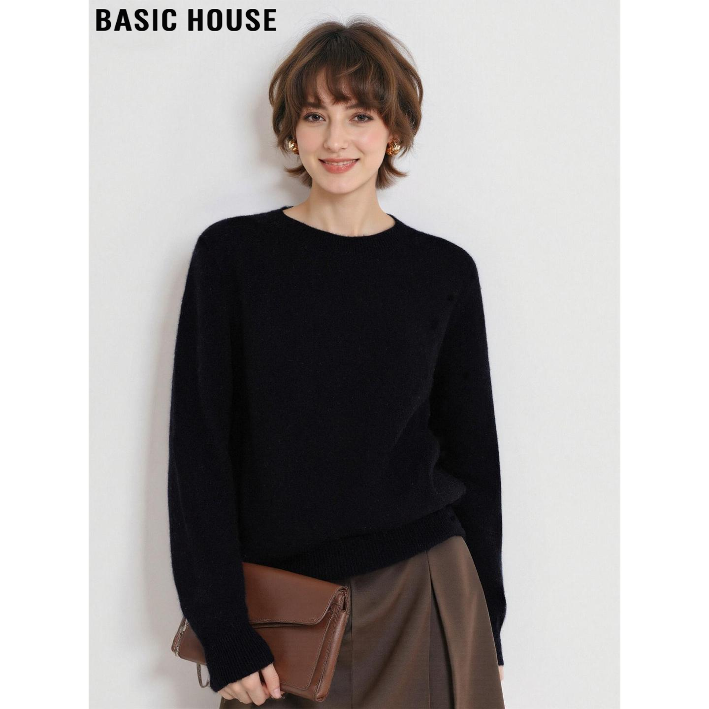 百家好黑色圆领打底羊毛针织衫女