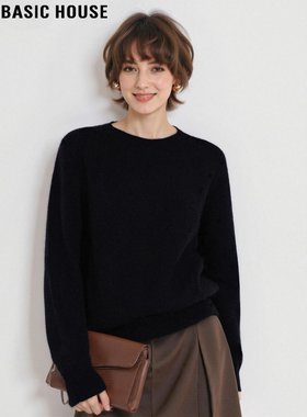 Basic House/百家好黑色圆领羊毛针织衫女士冬季宽松软糯打底毛衣