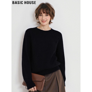 女士春季 百家好黑色圆领羊毛针织衫 显瘦软糯打底毛衣 House Basic