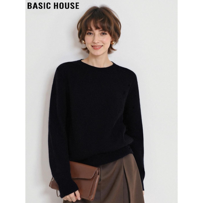 百家好黑色圆领打底羊毛针织衫女