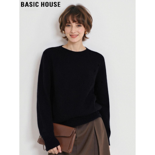 百家好黑色圆领打底羊毛针织衫女