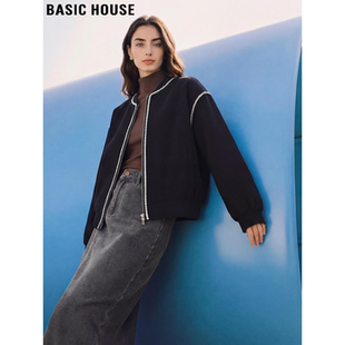 Basic House/百家好撞色圆领棒球服短外套女2026春季新款宽松夹克