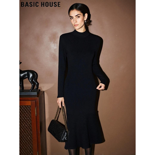 Basic House/百家好黑色半高领针织连衣裙女冬季高级感软糯打底裙