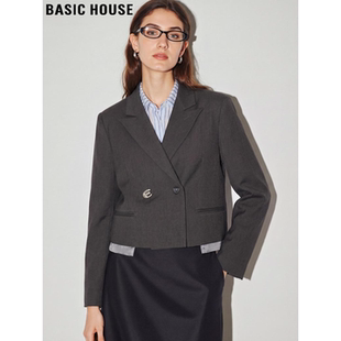 Basic House/百家好深灰色西装外套女2026春季新款小个子短款西服