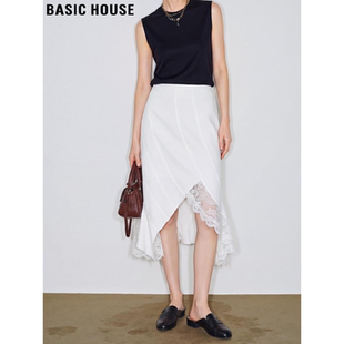 新款 百家好白色纯棉不规则蕾丝拼接半身裙女2026春季 House Basic