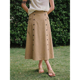 新款 百家好卡其色双排扣半身裙女2026春季 高腰A字裙 House Basic