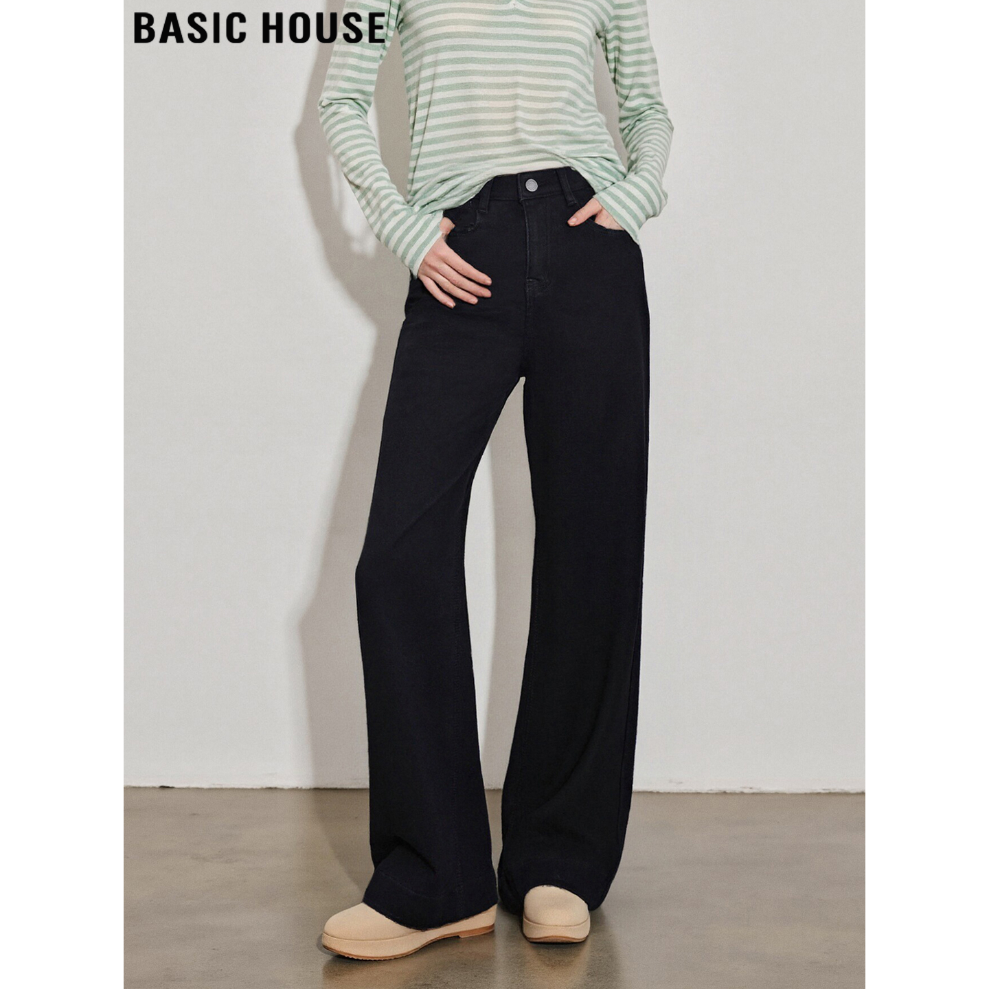 Basic House/百家好加绒黑色阔腿牛仔裤女冬加厚大码胖MM直筒长裤,女装/女士精品,牛仔裤,淘宝优惠券,粉丝福利购,淘宝优惠卷