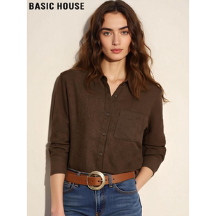 Basic House/百家好复古棕色磨毛衬衫女2025秋冬新款内搭打底上衣