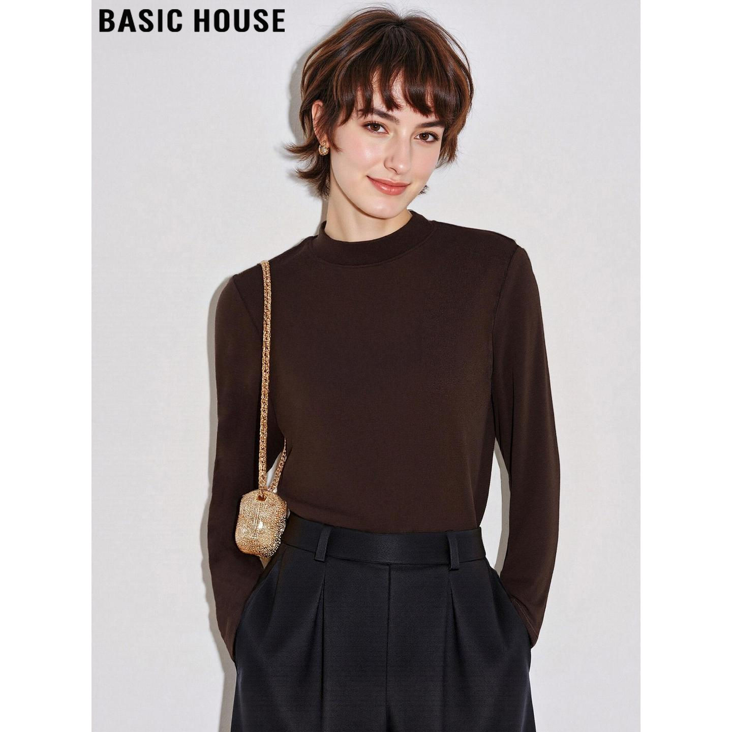 Basic House/百家好咖色小立领长袖T恤女春季内搭弹力修身打底衫,女装/女士精品,T恤,淘宝优惠券,粉丝福利购,淘宝优惠卷