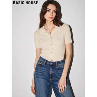 女夏季 Basic 针织开衫 百家好简约翻领短袖 气质百搭冰丝上衣 House